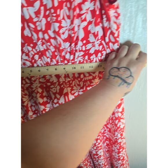 London Times Midi Red Dress 12P Rouched Floral Cottage Coquette Feminine - Picture 4 of 6